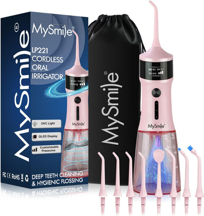 LP221 Cordless Water Flossers for Teeth with UVC Light Sanitizer and OLED Display, 335ML 4 Modes Water Teeth Cleaner Picks for Teeth Cleaning and Water Flossing (Juicy Pink)