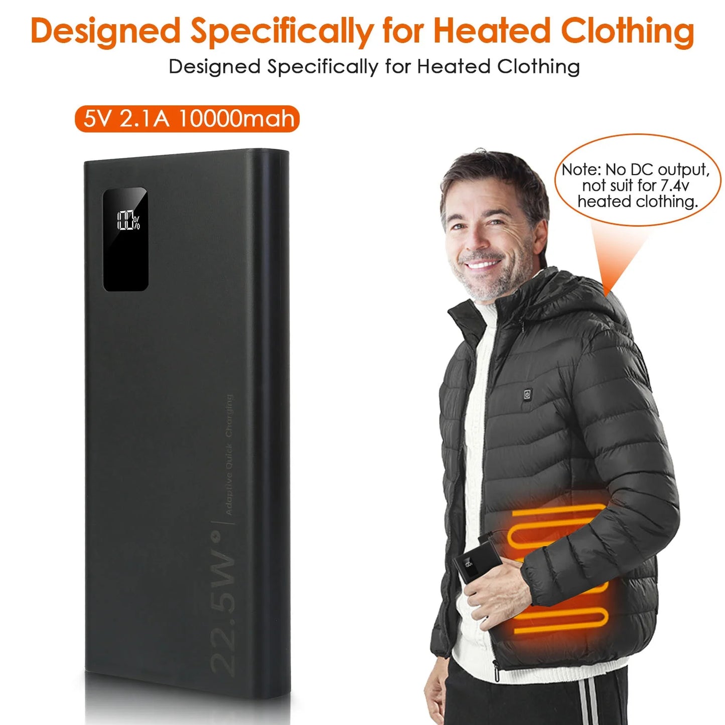 20000Mah Power Bank for Heated Vest Portable Charger 5V 2.1A Dual USB Ports Battery Pack for Heated Blanket Clothing Black